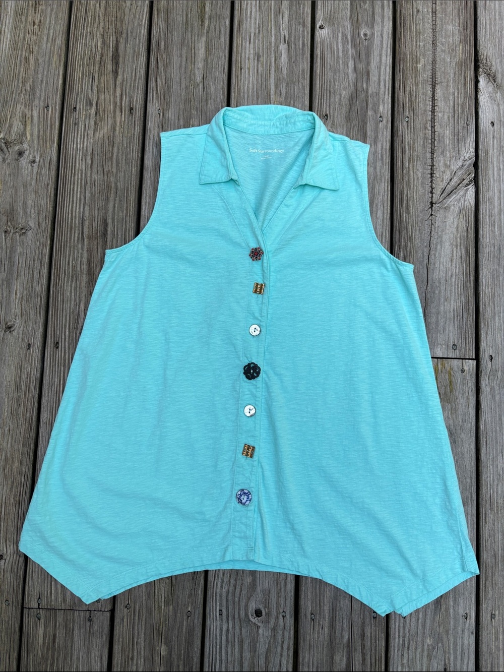 SOFT SURROUNDINGS | Aqua Blue Danielle Button Down Sleeveless Tunic Top | Size L